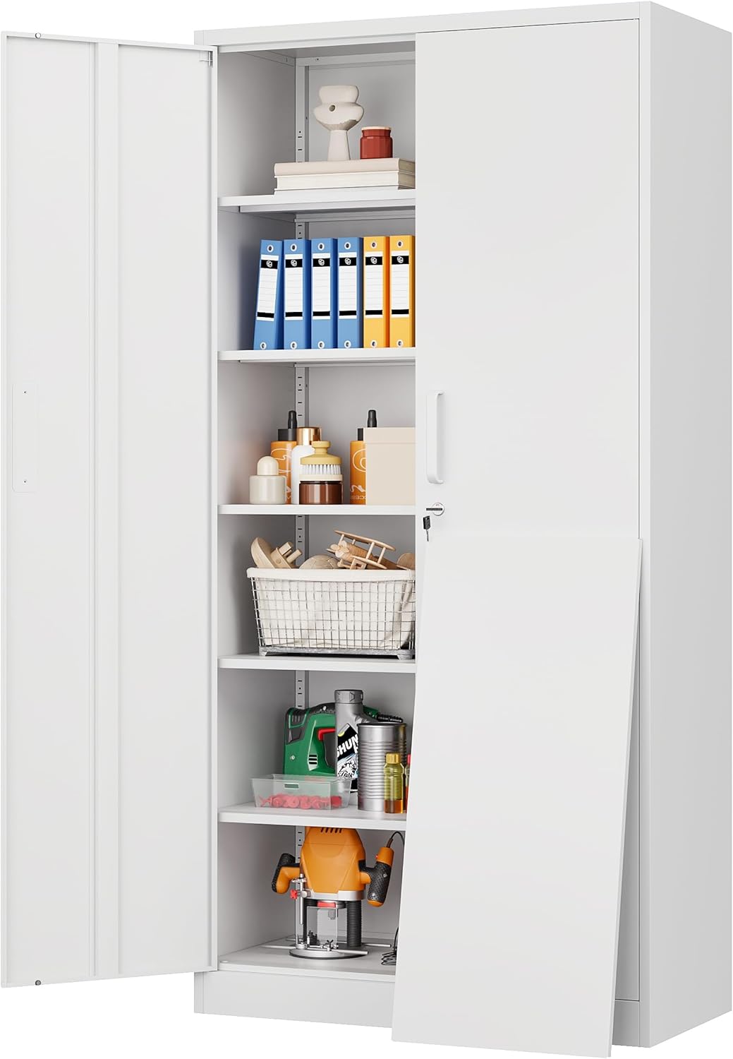 Metal Storage Cabinet with 2 Doors and 6 Shelves, Black Metal Cabinet with Lock, 71 Inch Lockable Garage Storage Cabinet wourant