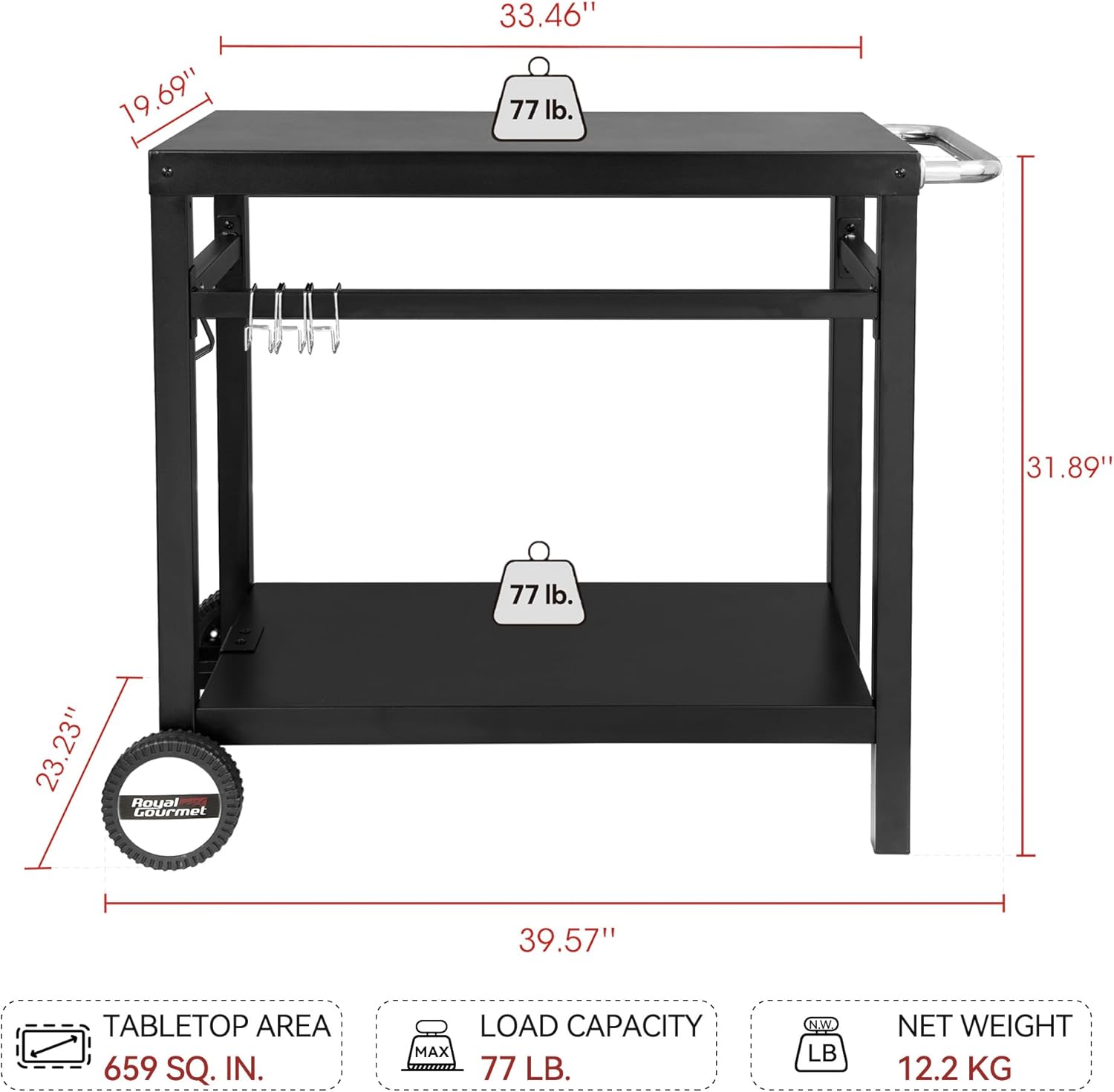 Royal Gourmet Dining Cart Table with Double-Shelf, Movable Stainless Steel Flattop Grill Cart, Hooks, Side Handle, Multifunctional PC3401B (Black) wourant
