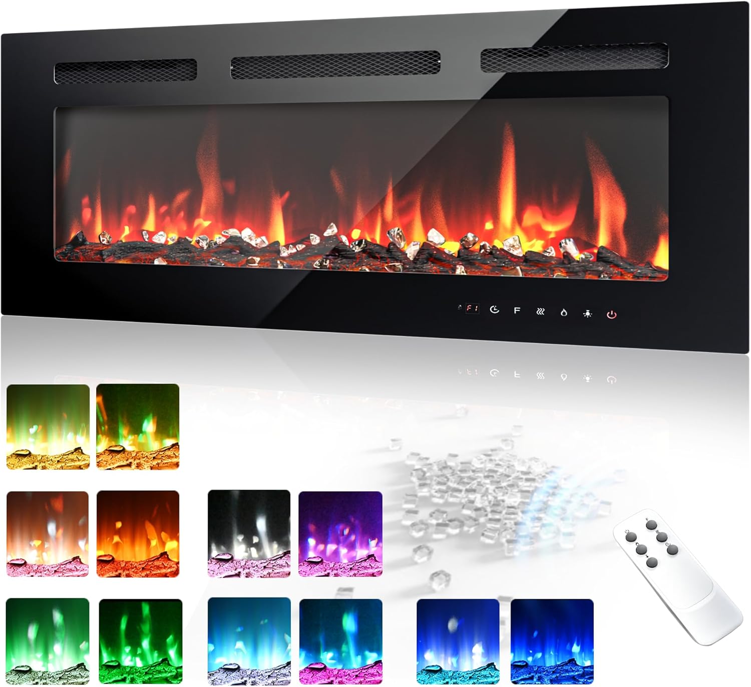 EUHOMY 50 Inch Electric Fireplace Wall Recessed and Wall Mounted with Adjustable Flame Color, Fireplace Heater with Remote Control, Linear Fireplace with Timer, Touch Screen, Log & Crystal, 750/1500W wourant