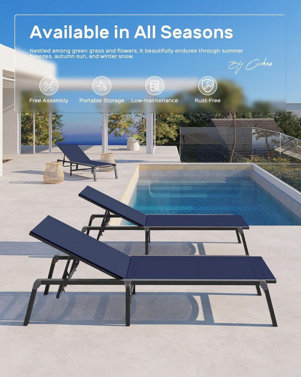 Aluminum Chaise Lounge Ourdoor - Foldable & Assemble Free Outdoor Lounge Chair with 5 Adjustable Backrest, Patio Lounge Chair for Outside Poolside Beach Pool, Black wourant