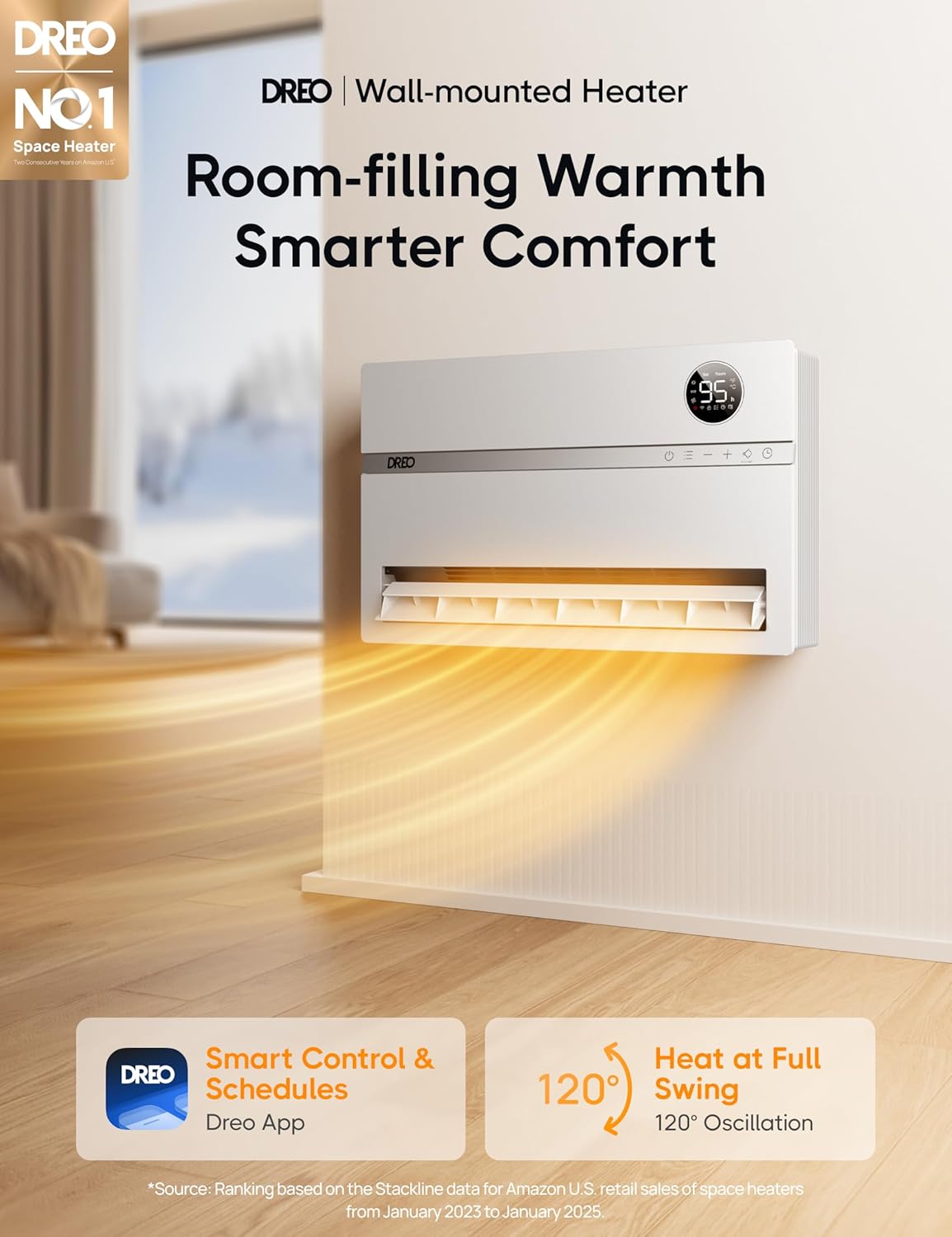 Smart wall mounted heater, bedroom electric heater, 1500W adjustable thermostat 24-hour timer easy to install indoor heater wourant