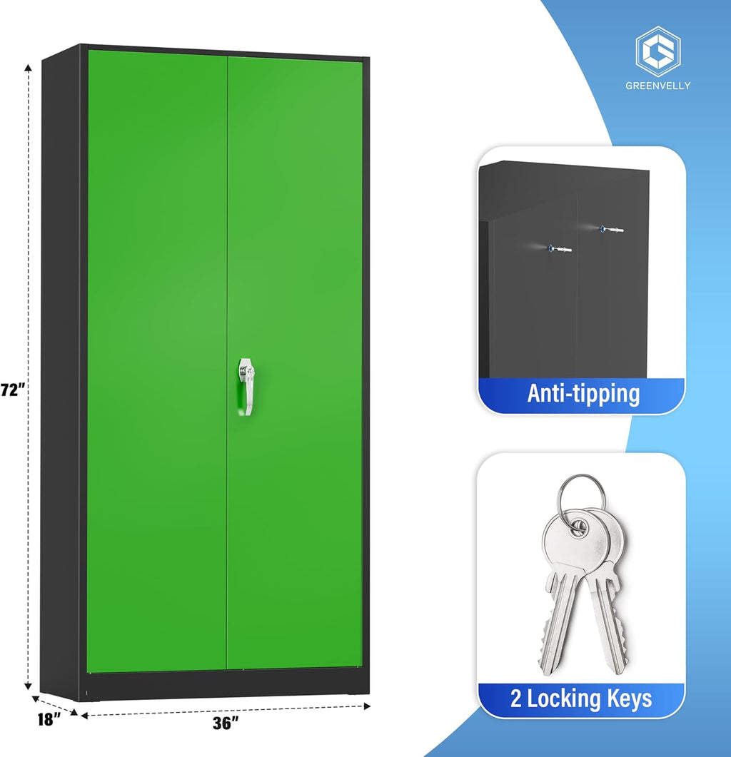 Greenvelly Metal Storage Cabinet, 72" Black Locking Metal Cabinet with 2 Doors and 4 Adjustable Shelves, Lockable Garage Storage Cabinets for Home Office, Garage, Kitchen, Living Room wourant