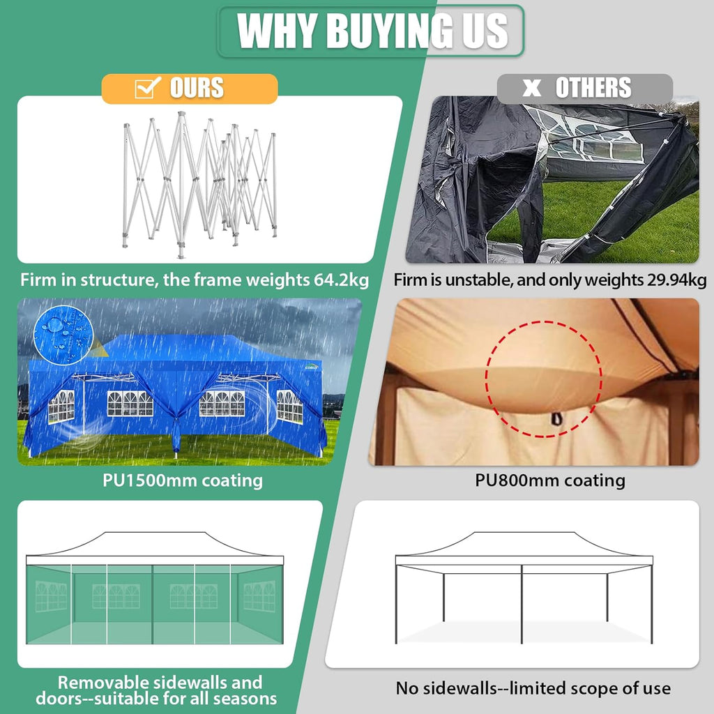 COBIZI 10x20 Heavy Duty Pop up Canopy Tent with 6 sidewalls Easy Up Commercial Outdoor Canopy Wedding Party Tents for Parties All Season Wind & Waterproof Gazebo with Roller Bag,Black(Frame Thickened) wourant