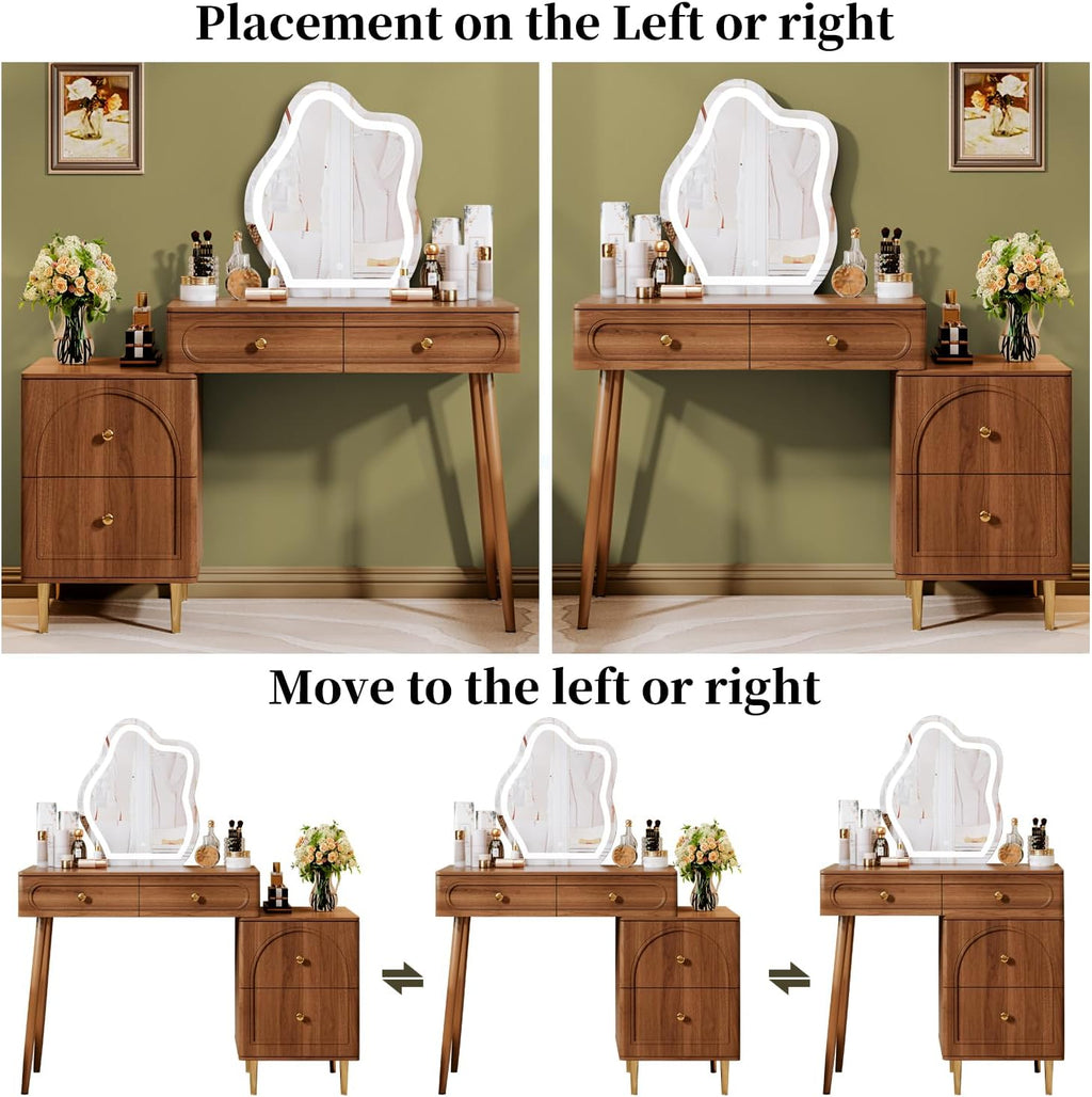 Walnut Stylish Corner Makeup Vanity Table，Vanity Desk with Lighted Mirror wourant