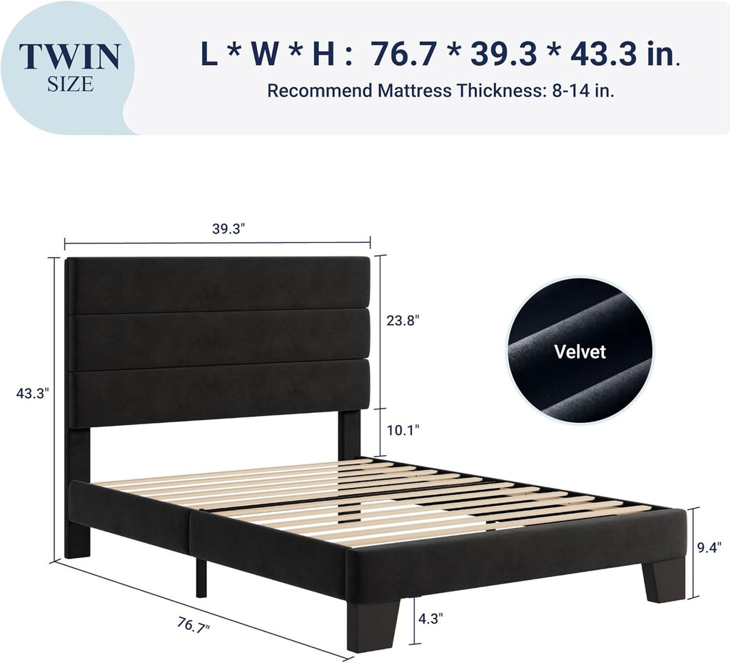Allewie Queen Size Platform Bed Frame Fabric Upholstered Headboard Wooden Slats Support wourant