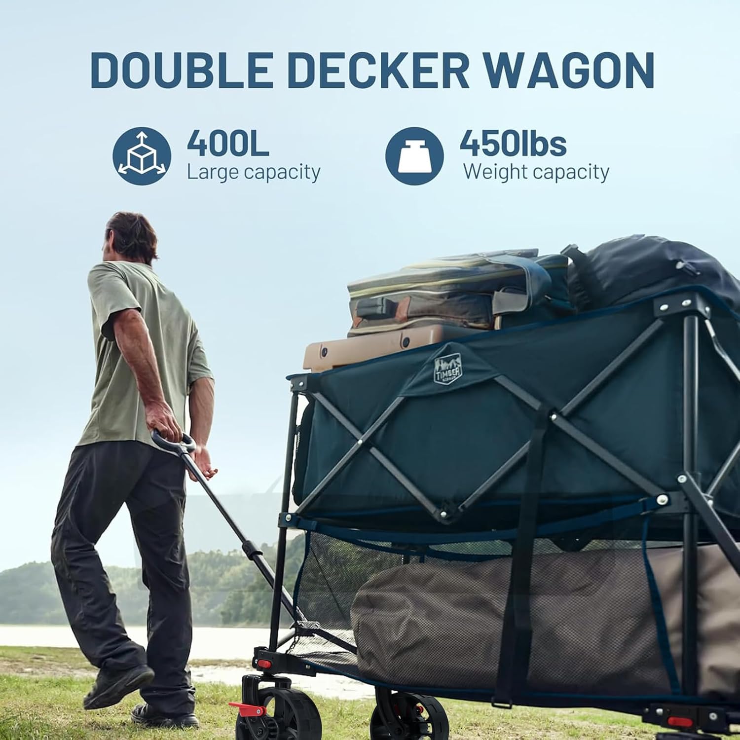 400L Large Capacity Folding Double Decker Cart with Brakes, 54 Inch Extra Long Extended Cart, 450 Pounds Heavy Duty Folding Cart wourant