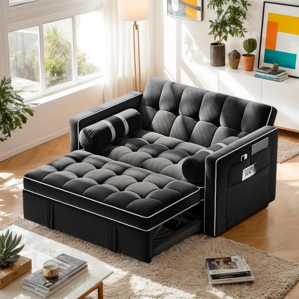 Pipishell 3 in 1 Convertible Sleeper Sofa Bed,Pull Out Couch for Living Room with USB Ports & Side Pockets,Adjustable Backrest,Velvet,Loveseat Sofa Bed,Futon Couches,Black wourant