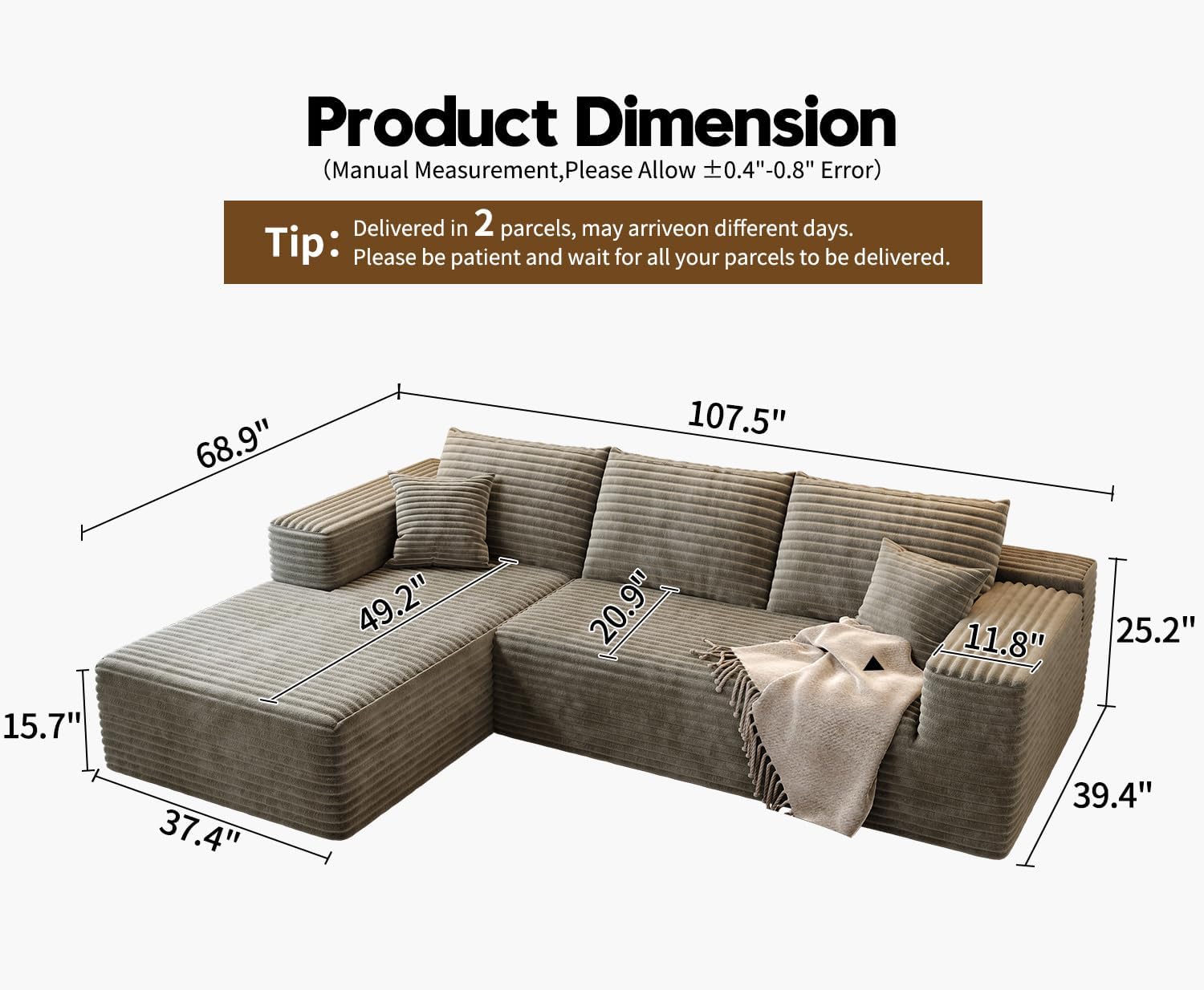 107.5" Cloud Modular Sectional Sofa Couch with L-Shape Chaise,Modern Minimalist Upholstered Couches wourant