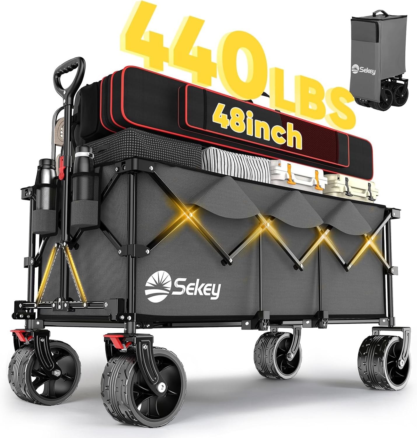 Sekey 48 Inch Long Foldable Extended Travel Cart, 440 Lbs Load Capacity, Heavy Duty 300 Liter Folding Multi-Purpose Garden Cart wourant