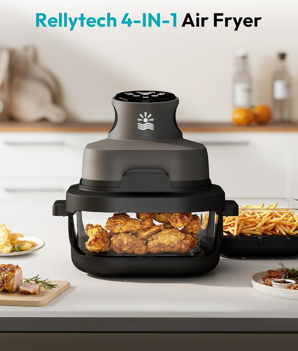 Rellytech Portable Glass Air Fryer - 1500W, 4.2 QT & 6-Cup Dual Glass Containers wourant