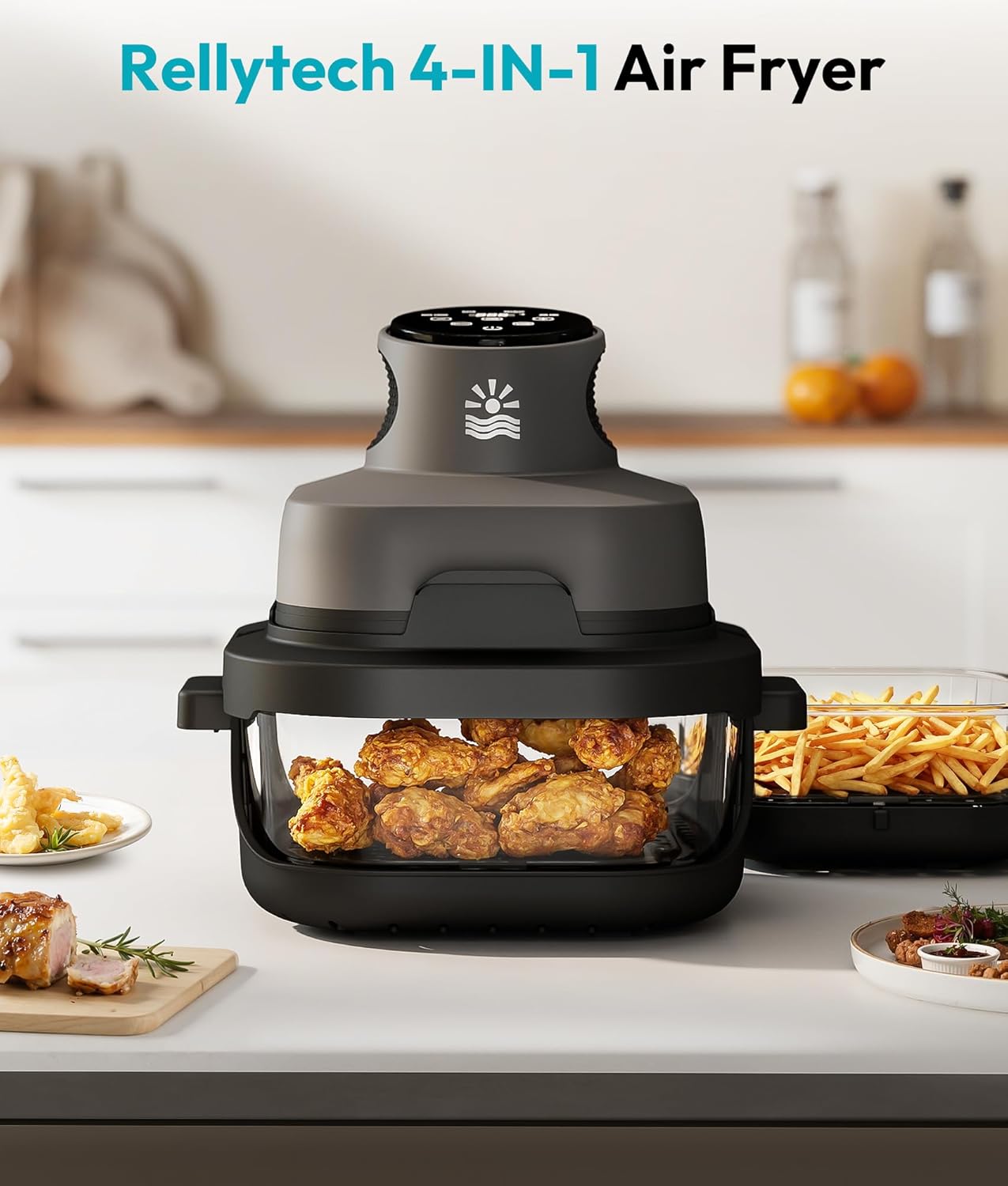 Rellytech Portable Glass Air Fryer - 1500W, 4.2 QT & 6-Cup Dual Glass Containers wourant