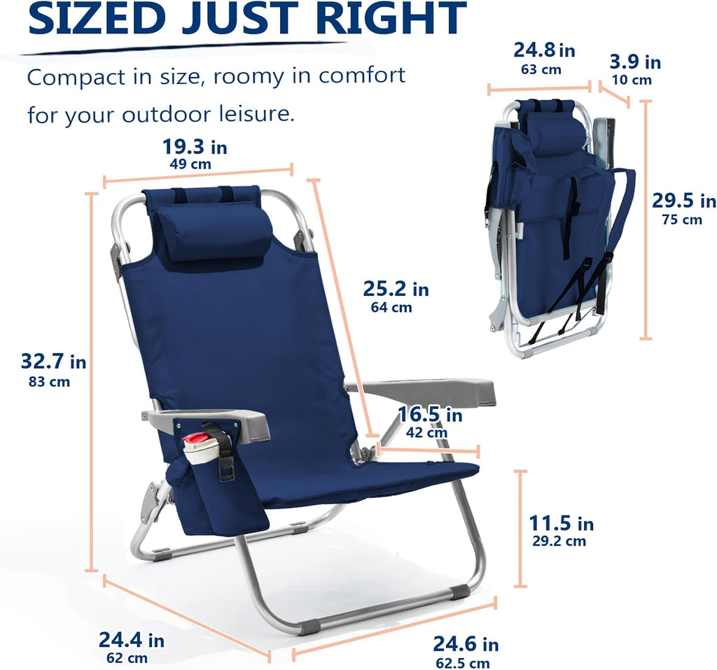 5-Position Aluminum Lay Flat Tall Backpack Beach Chairs 2 Pack Compact Portable Beach Chairs for Adults with Cooler Pouch, Storage Pouch, Towel Bar, Cup Holder & Phone Holder, Blue Stripe wourant