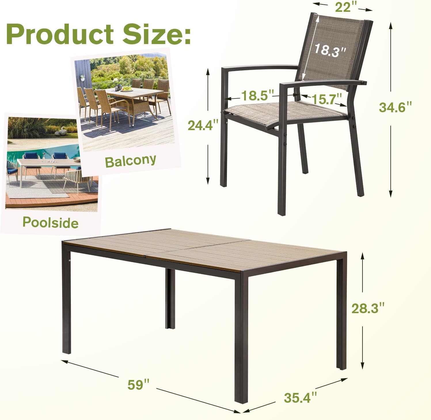 Homall Patio Dining Set 7 Pieces Outdoor Furniture Table and 6 Textilene Chairs, Light Grey wourant