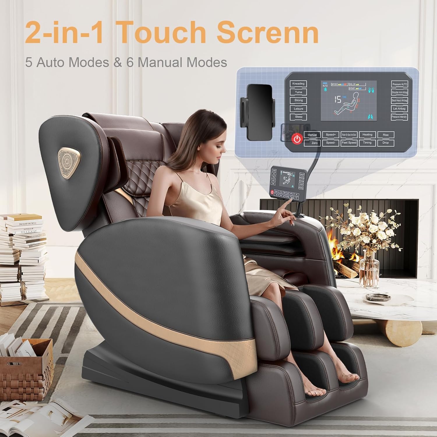 2025 Massage Chair Full Body, Zero Gravity Massage Chair with 10 Fix Rollers, Heating, Foot Massage, Auto Modes, Bluetooth Speaker, Touch Screen Controller (Brown Premium) wourant