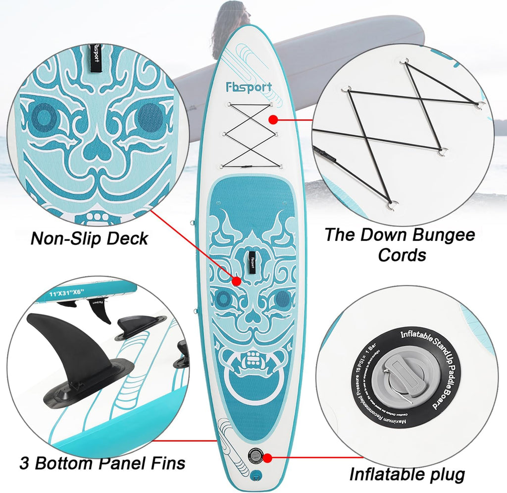 FBSPORT 11' Premium Stand Up Paddle Board, Yoga Board with Durable SUP Accessories & Carry Bag | Wide Stance, Surf Control, Non-Slip Deck, Leash, Paddle and Pump for Youth & Adult wourant