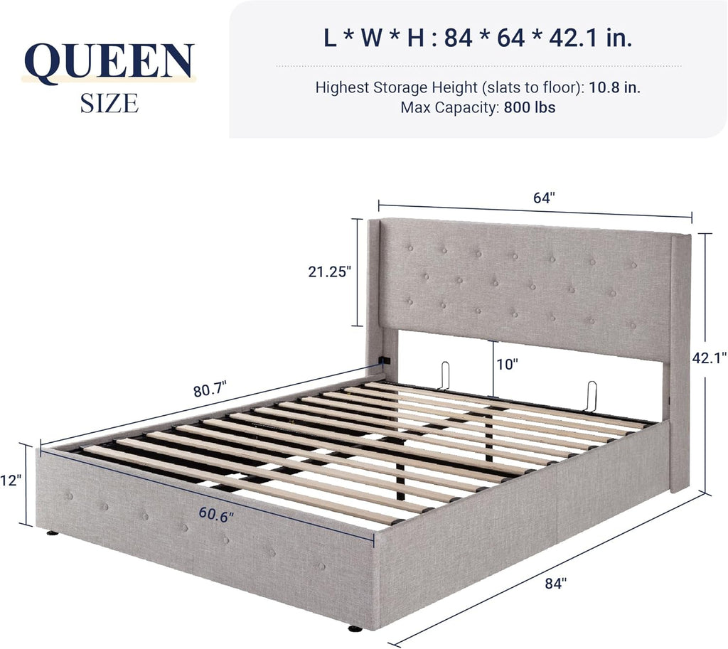 Allewie Queen Size Lift Up Storage Bed Modern Wingback Headboard Hydraulic Support wourant