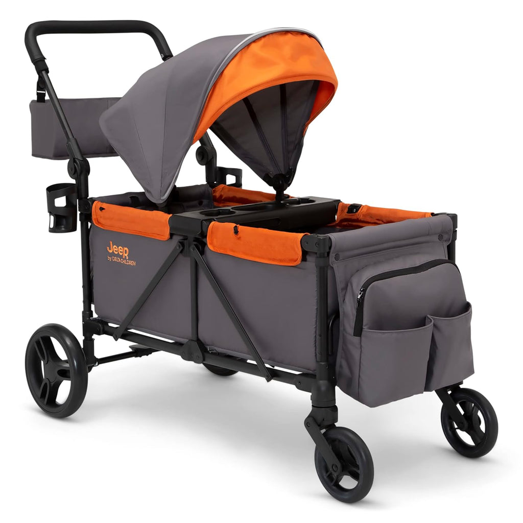 Jeep Sport All-Terrain Stroller Wagon by Delta Children - Includes Canopy, Parent Organizer, Adjustable Handlebar, Snack Tray & Cup Holders, Grey/Olive Green wourant