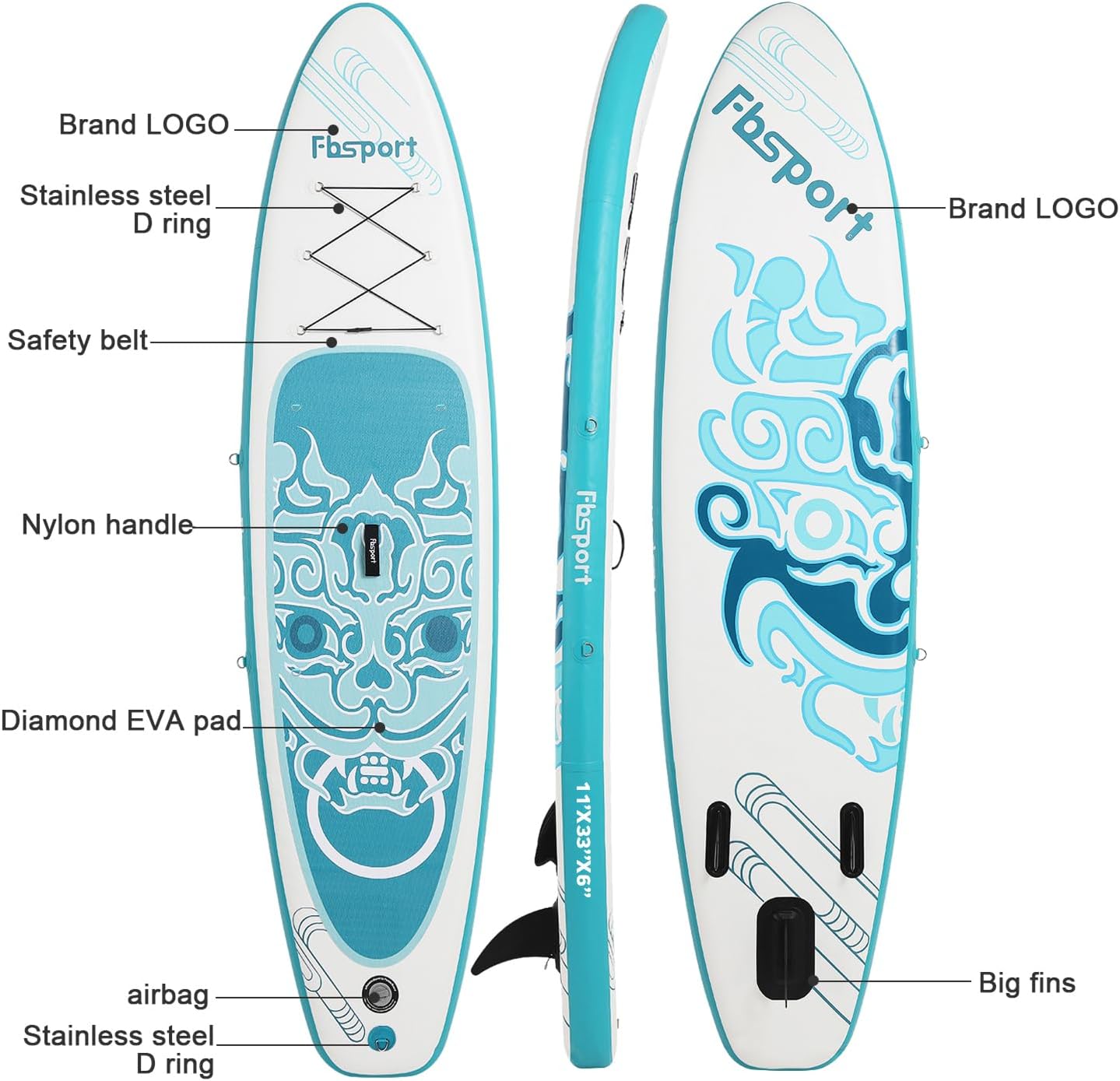 FBSPORT 11' Premium Stand Up Paddle Board, Yoga Board with Durable SUP Accessories & Carry Bag | Wide Stance, Surf Control, Non-Slip Deck, Leash, Paddle and Pump for Youth & Adult wourant