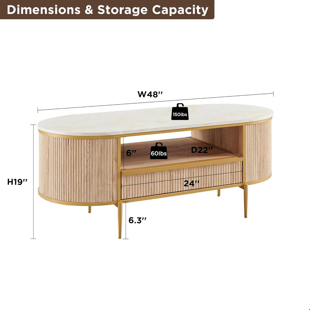 OKD Modern Luxury Grooved Coffee Table, 48 Inch Oval Coffee Table with Drawers, Imitation Marble Top, Curved Contour Design, Gold Metal Trim, Living Room Center Table wourant