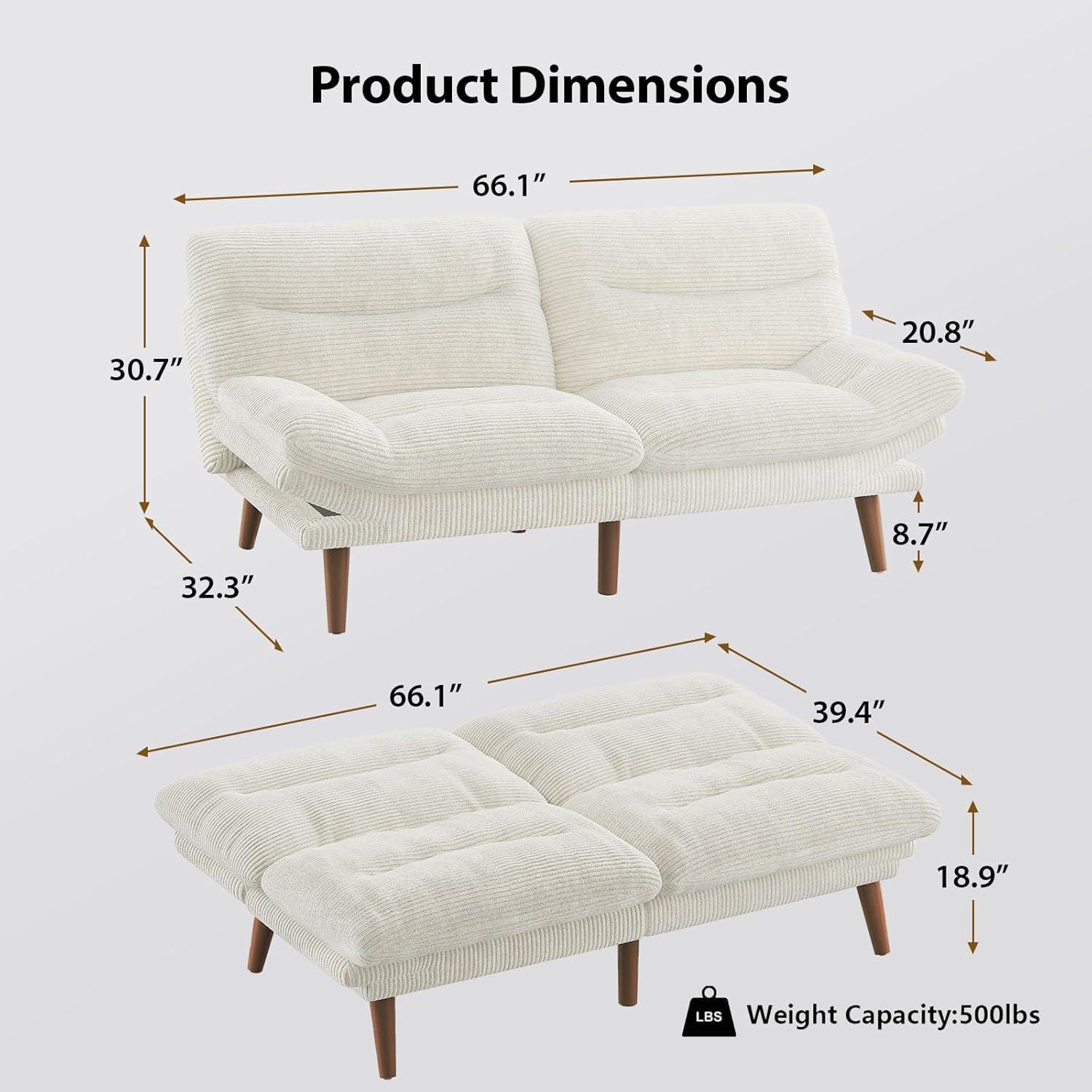 Convertible Futon Sofa Bed, 66 Inch Corduroy Futon Sofa Recliner Sofa Bed for Small Spaces, Playrooms or Offices wourant