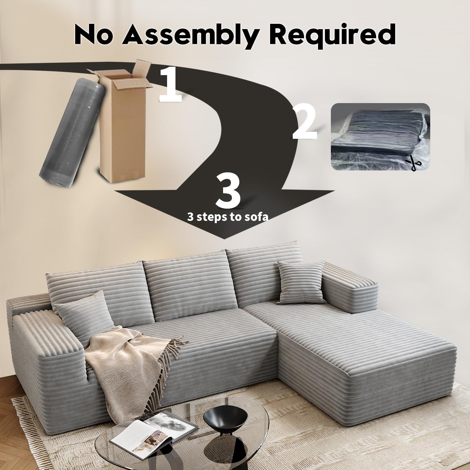 107.5 inch Cloud Modular Sectional Sofa with L-Shaped Chaise Lounge, Modern Minimalist Upholstered Sofa Deep Seating Corner Sofa wourant