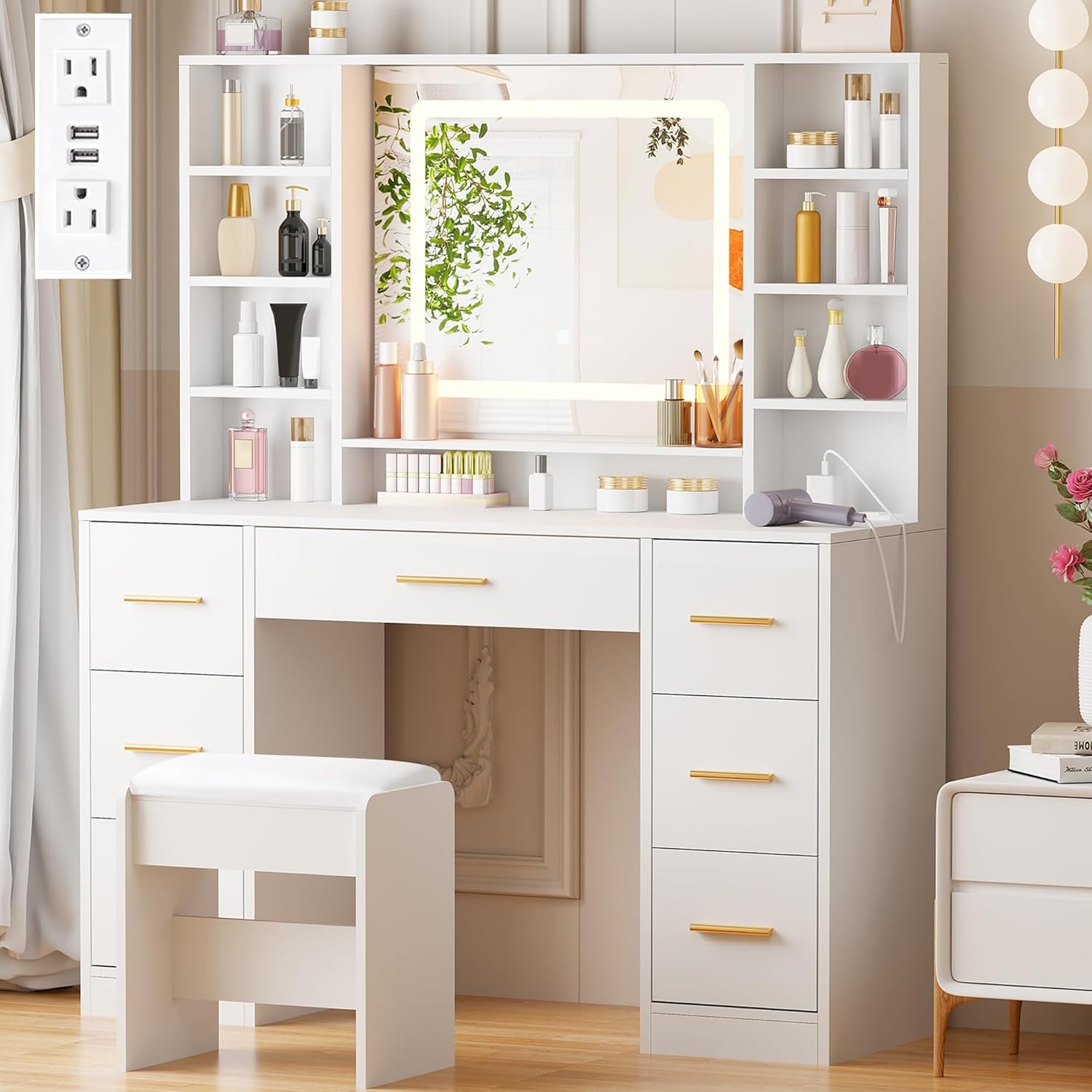 ANWBROAD Vanity Desk Table with Lighted Mirror 39.4 Girls Makeup Vanity wourant