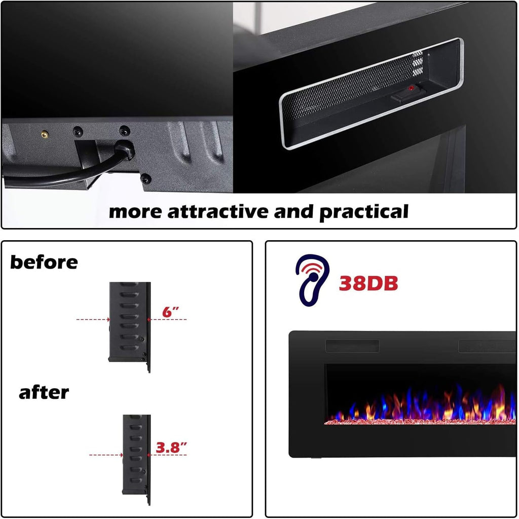 R.W.FLAME 60" Recessed and Wall Mounted Electric Fireplace, Low Noise, Fit for 2 x 6 Stud, Remote Control with Timer, Touch Screen, Adjustable Flame Color and Speed, 750-1500W wourant