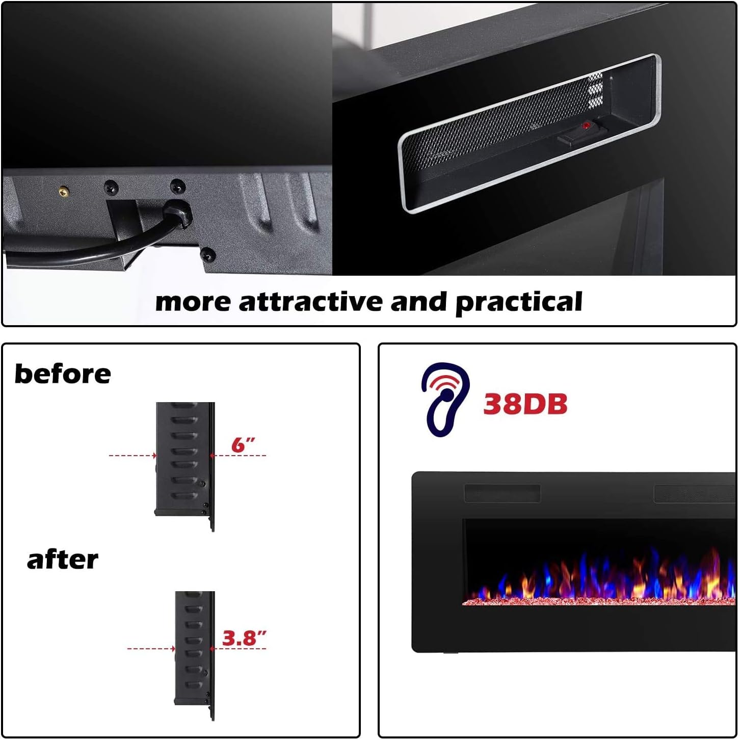 R.W.FLAME 60" Recessed and Wall Mounted Electric Fireplace, Low Noise, Fit for 2 x 6 Stud, Remote Control with Timer, Touch Screen, Adjustable Flame Color and Speed, 750-1500W wourant