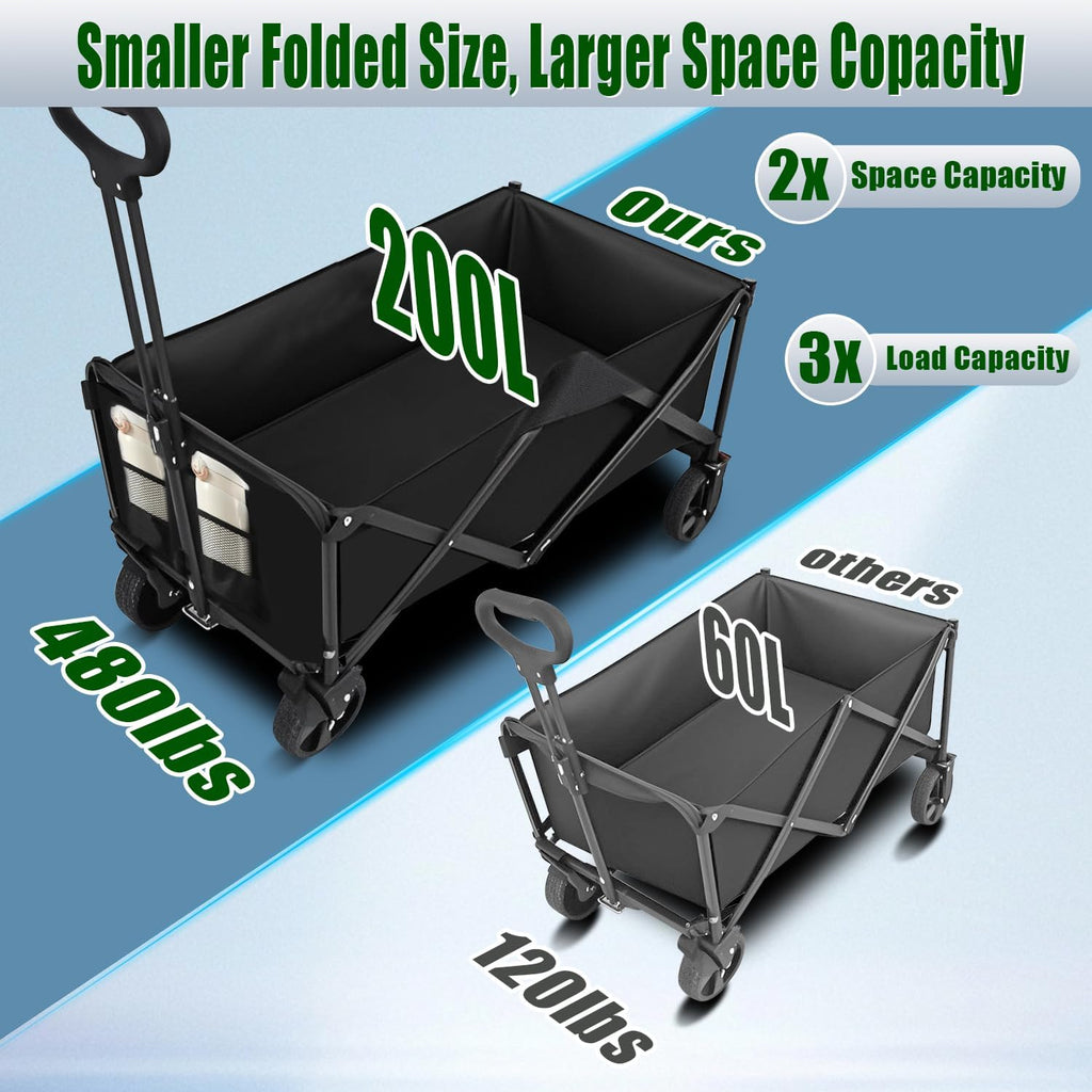 Foldable 4-wheel cart, foldable, 37 inches long, 480 lb capacity, heavy-duty beach cart, shopping cart with wheels wourant