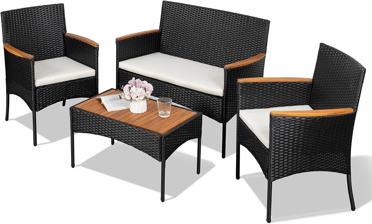 Shintenchi 4-Piece Patio Furniture Set, Outdoor Wicker Patio Conversation Furniture Set with Cushions and Wooden Tabletop wourant