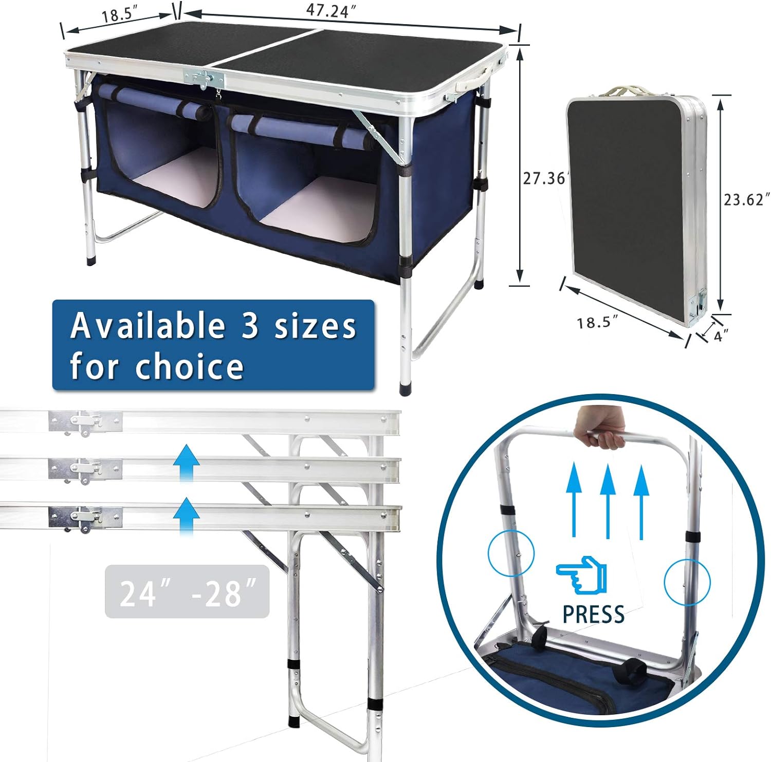 Outdoor Folding Table Aluminum Lightweight Height Adjustable with Storage Organizer for BBQ, Party, Camping wourant