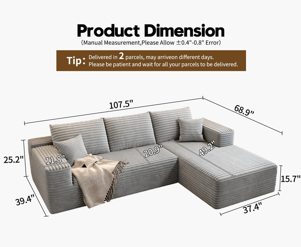 107.5" Cloud Modular Sectional Sofa Couch with L-Shape Chaise,Modern Minimalist Upholstered Couches wourant