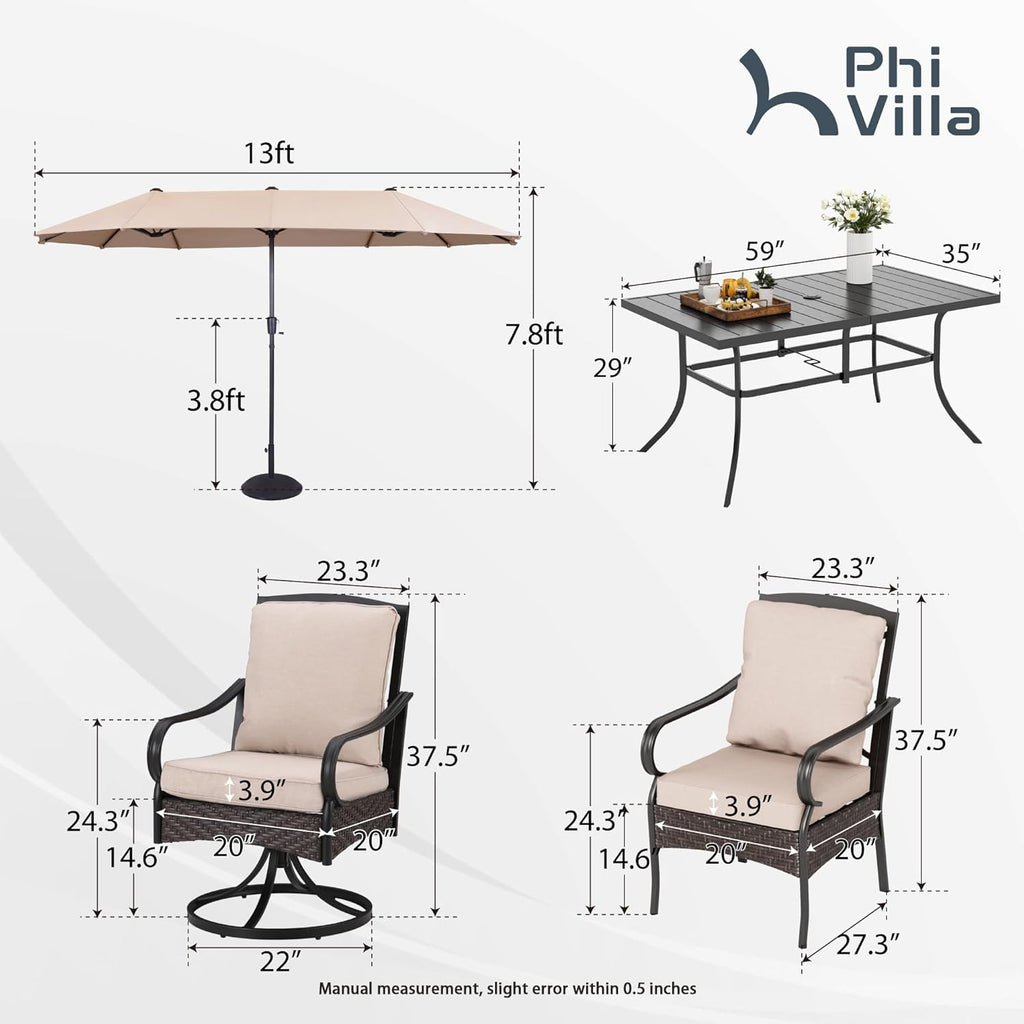 PHI VILLA 6-Piece Outdoor Dining Sets, All-Weather Patio Table and Chairs Set with Umbrella for 4, Heavy Duty Patio Round Table Set for Deck, 4 Extra Large Outdoor Swivel Chairs with Thick Cushions wourant