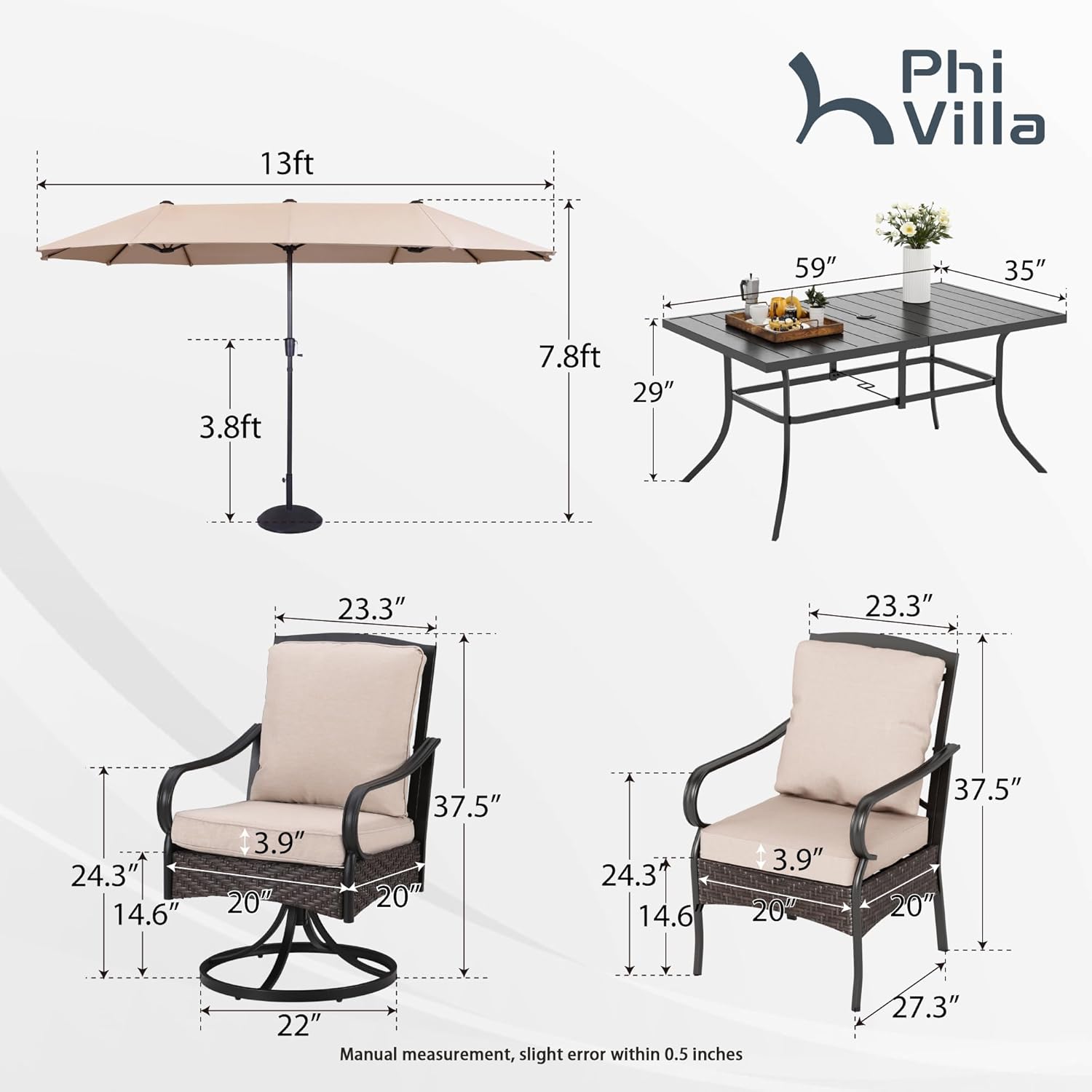 PHI VILLA 6-Piece Outdoor Dining Sets, All-Weather Patio Table and Chairs Set with Umbrella for 4, Heavy Duty Patio Round Table Set for Deck, 4 Extra Large Outdoor Swivel Chairs with Thick Cushions wourant