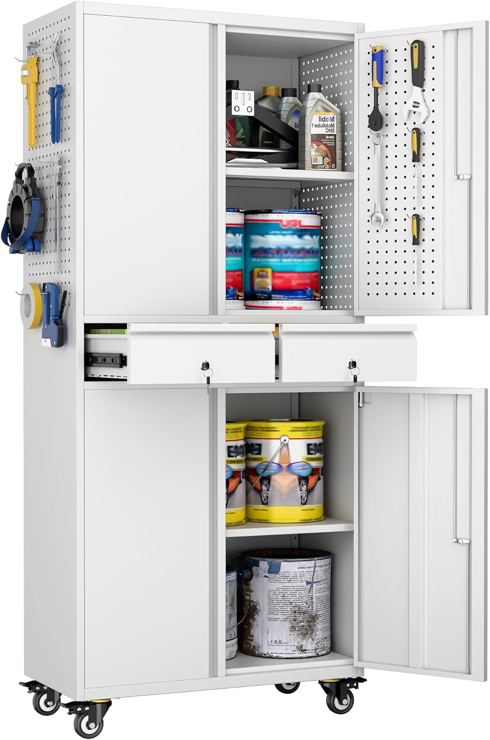 Metal Storage Cabinet with Pegboard 71'' x 34'' x 18'',Lockable Steel Storage Cabinet with 5 Adjustable Shelves and Door for Garage, Office, Kitchen, Assembly Required(Black) wourant