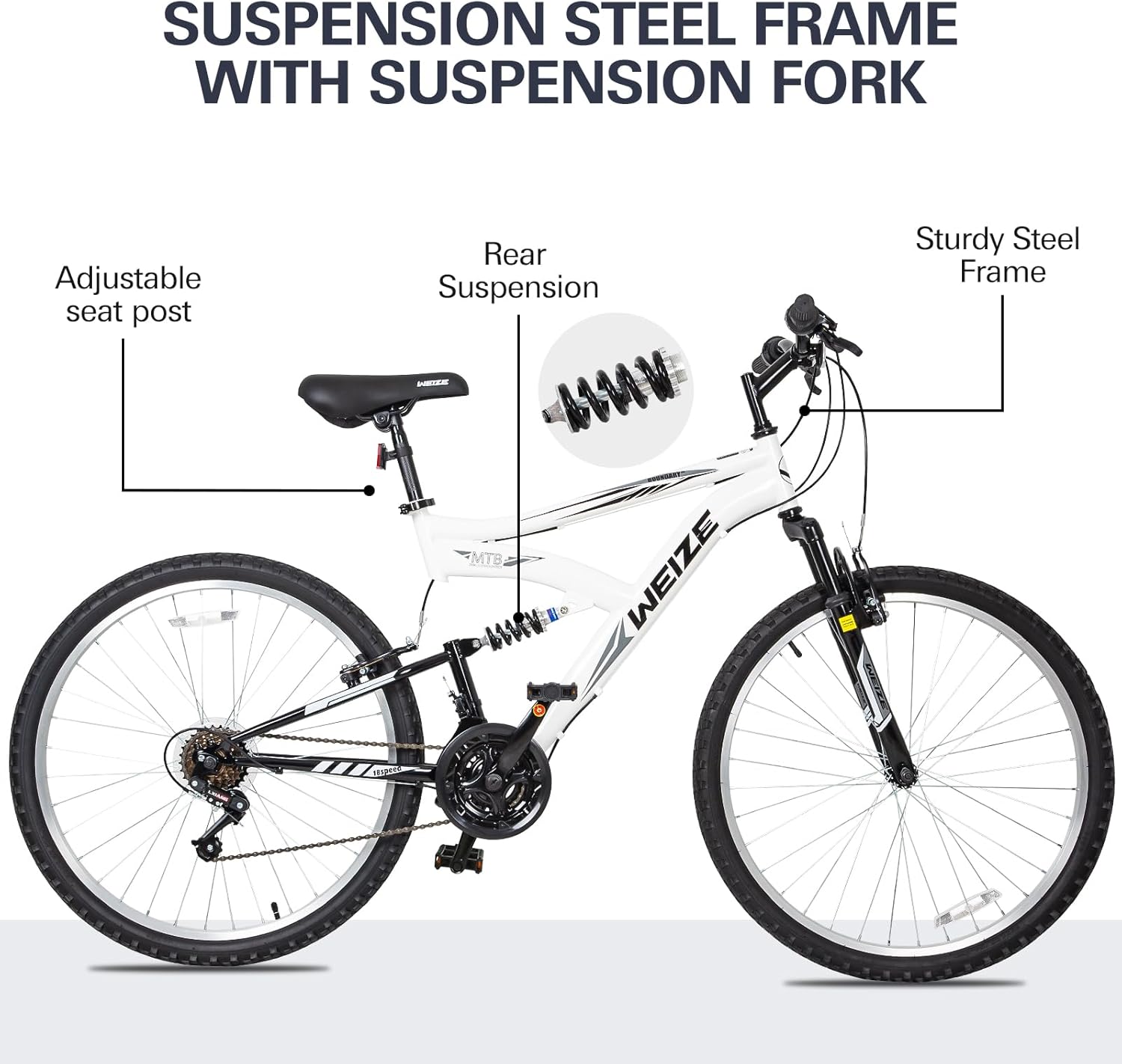 WEIZE Mountain Bike, 26 27.5 inch Outdoor Hybrid Bikes,18-Speed/High-Carbon Steel/Dual Full Suspension, Adjustable Ergonomic Seat for Men Women Adult, MTB Bicycle with Suspension Fork,Sleek Colors wourant
