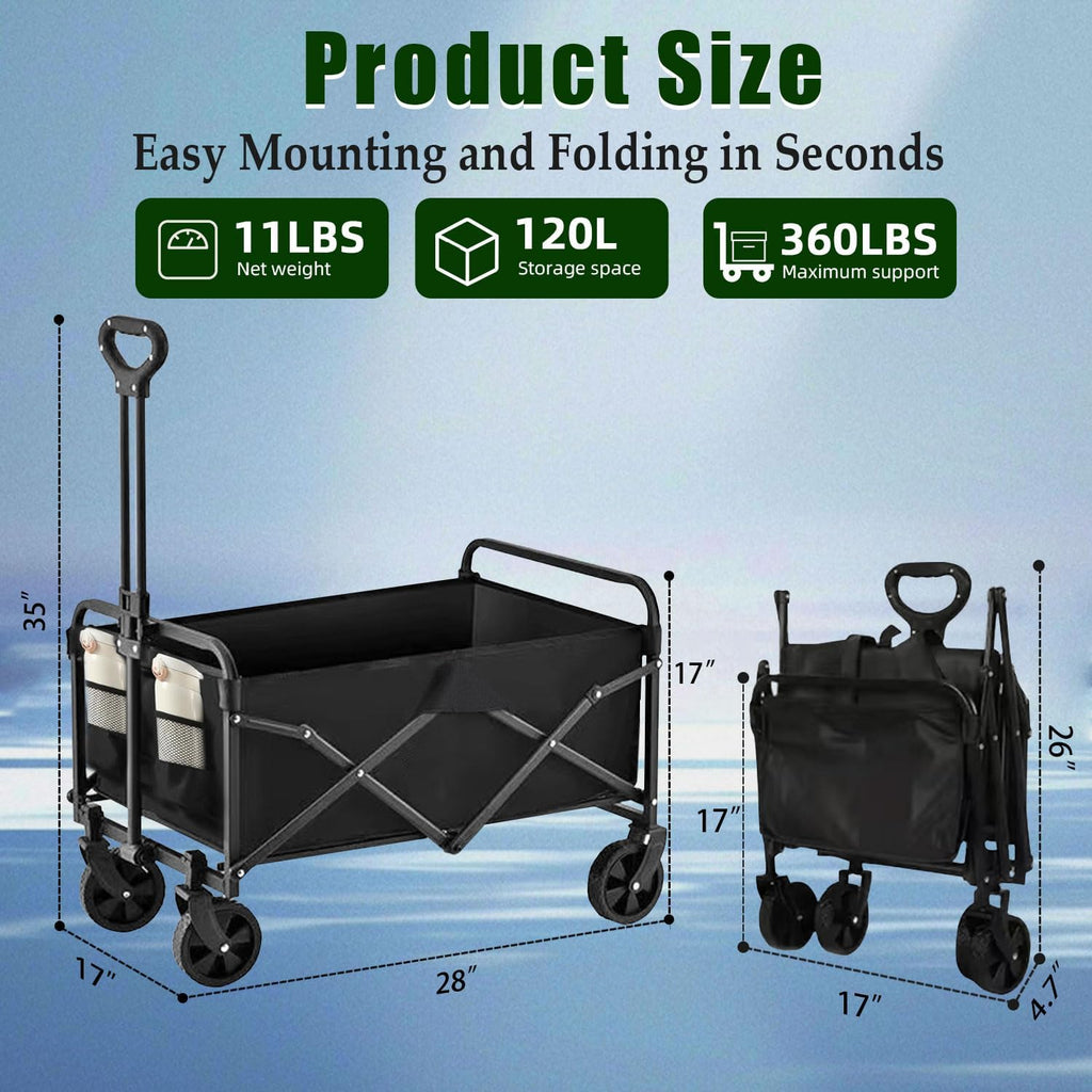 Foldable 4-wheel cart, foldable, 37 inches long, 480 lb capacity, heavy-duty beach cart, shopping cart with wheels wourant