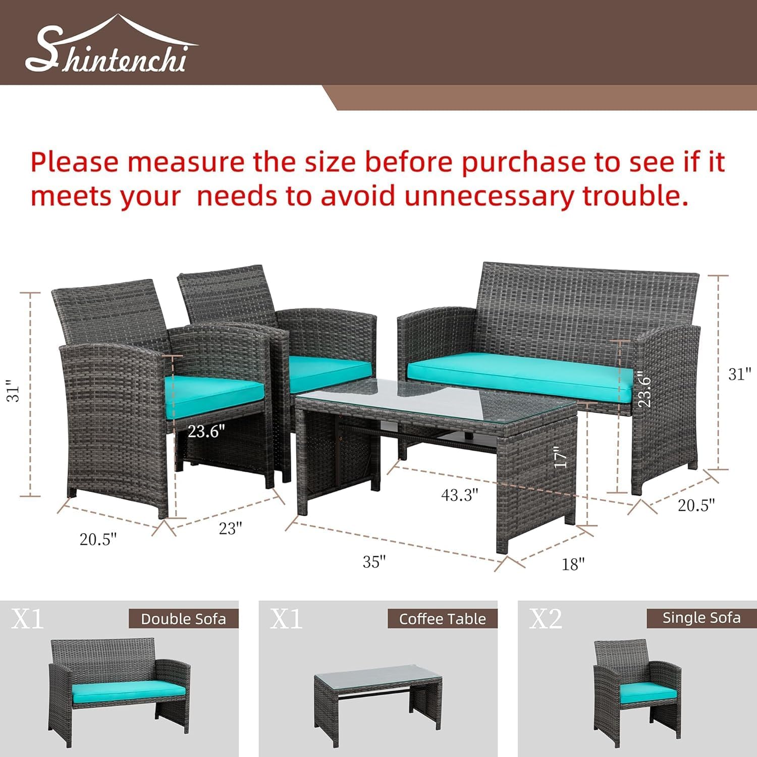 Shintenchi 4 Piece Patio Ratten Set Outdoor Furniture Set Wicker Conversation Set with Cushions and Tempered Glass Tabletop,Beige wourant