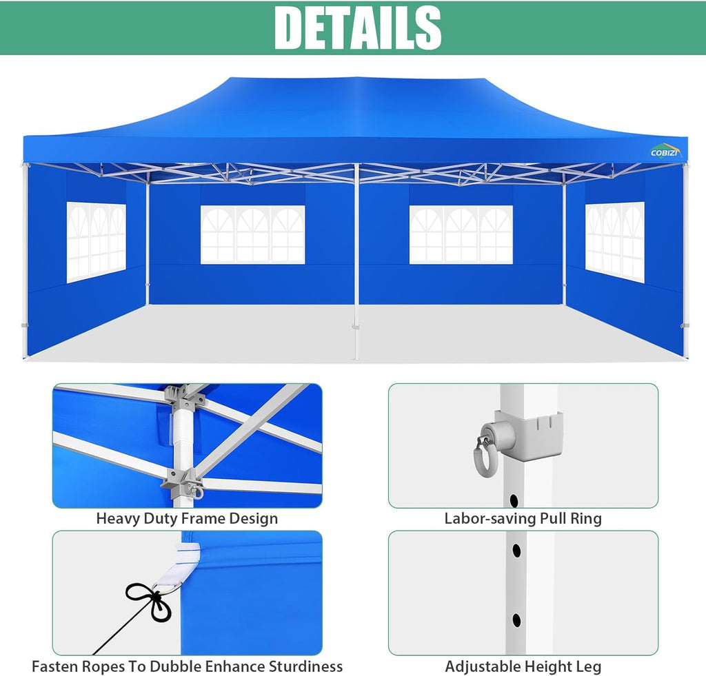 COBIZI 10x20 Heavy Duty Pop up Canopy Tent with 6 sidewalls Easy Up Commercial Outdoor Canopy Wedding Party Tents for Parties All Season Wind & Waterproof Gazebo with Roller Bag,Black(Frame Thickened) wourant