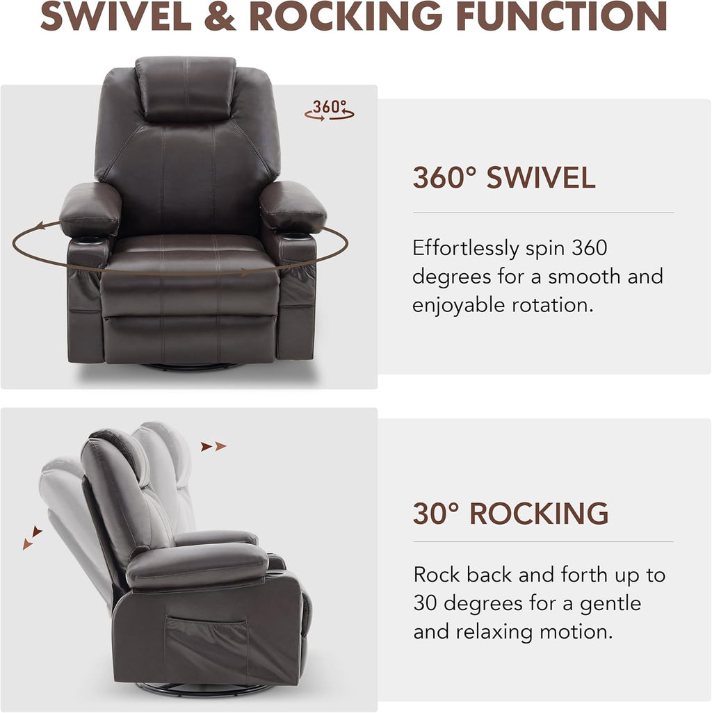 Large Swivel Rocking Recliner with Heating and Massage Function, 360 Degree Swivel Rocking Single Sofa wourant