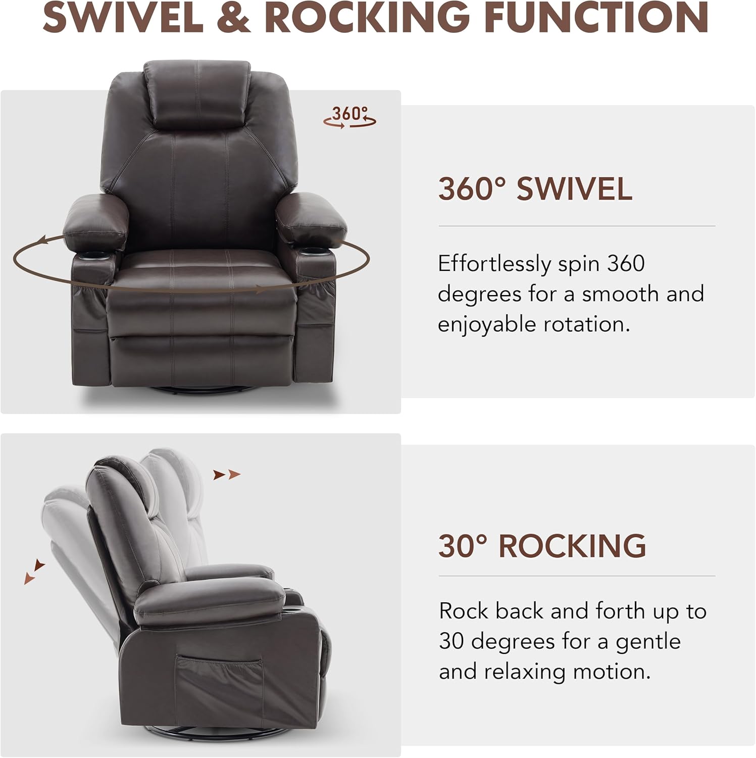 Large Swivel Rocking Recliner with Heating and Massage Function, 360 Degree Swivel Rocking Single Sofa wourant