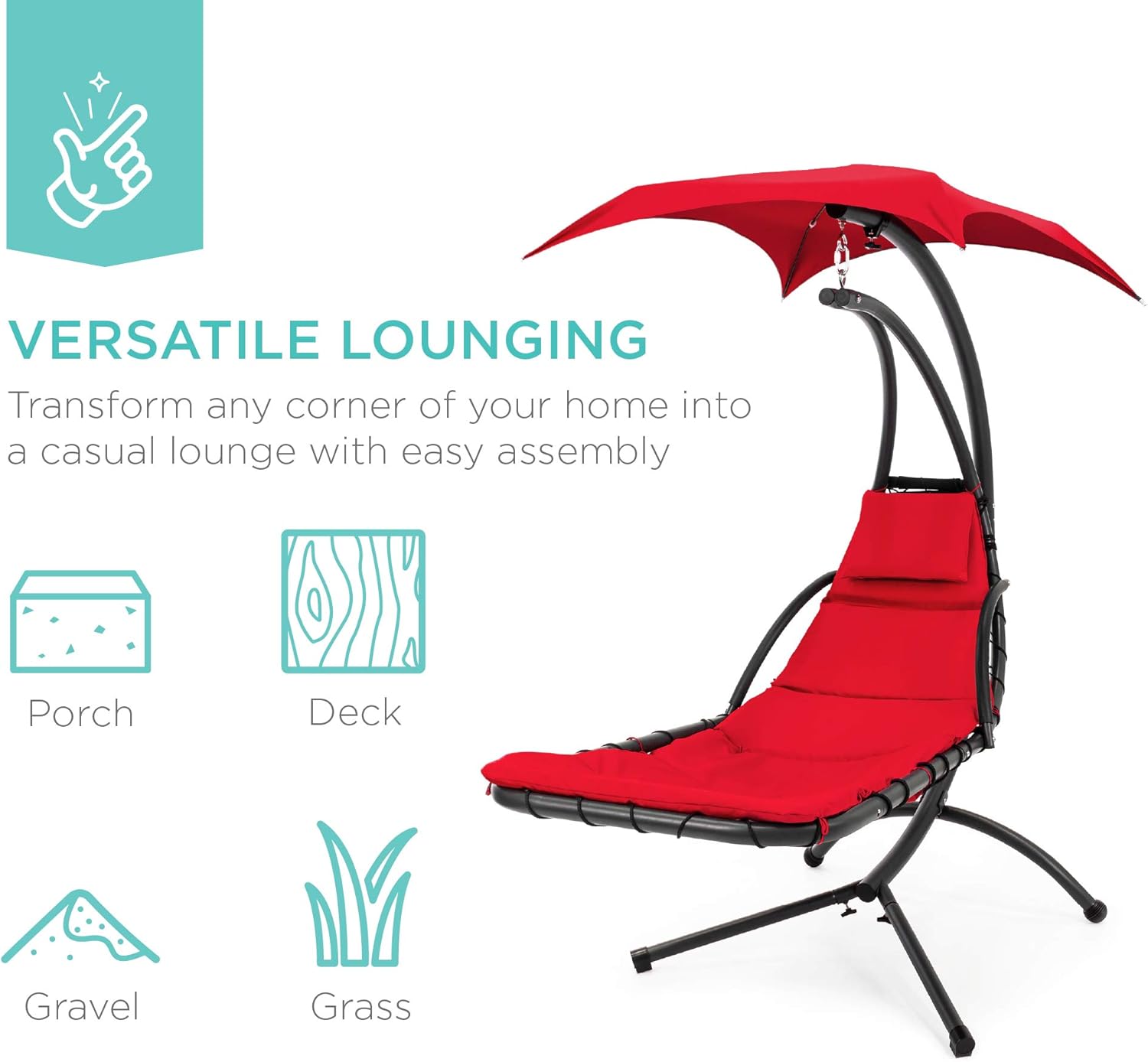 Best Choice Products Outdoor Hanging Curved Steel Chaise Lounge Chair Swing w/Built-in Pillow and Removable Canopy - Teal wourant