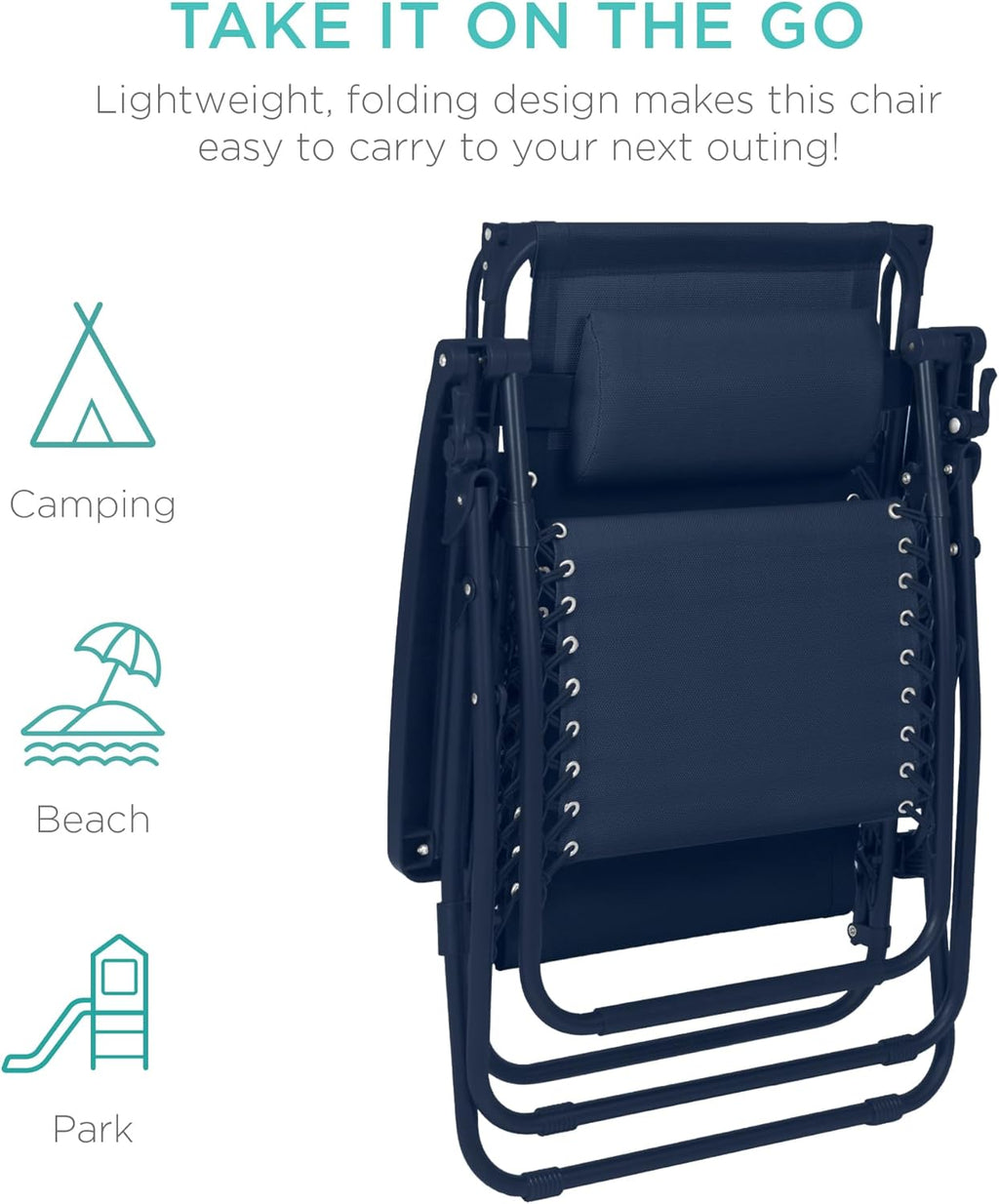 Best Choice Products Folding Zero Gravity Outdoor Recliner Patio Lounge Chair w/Adjustable Canopy Shade, Headrest, Side Accessory Tray, Textilene Mesh - Peacock Blue wourant