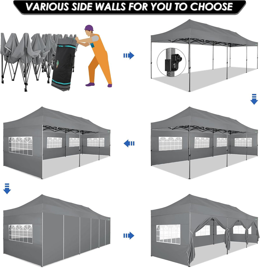 COBIZI 10x20 Heavy Duty Pop up Canopy Tent with 6 sidewalls Easy Up Commercial Outdoor Canopy Wedding Party Tents for Parties All Season Wind & Waterproof Gazebo with Roller Bag,Black(Frame Thickened) wourant