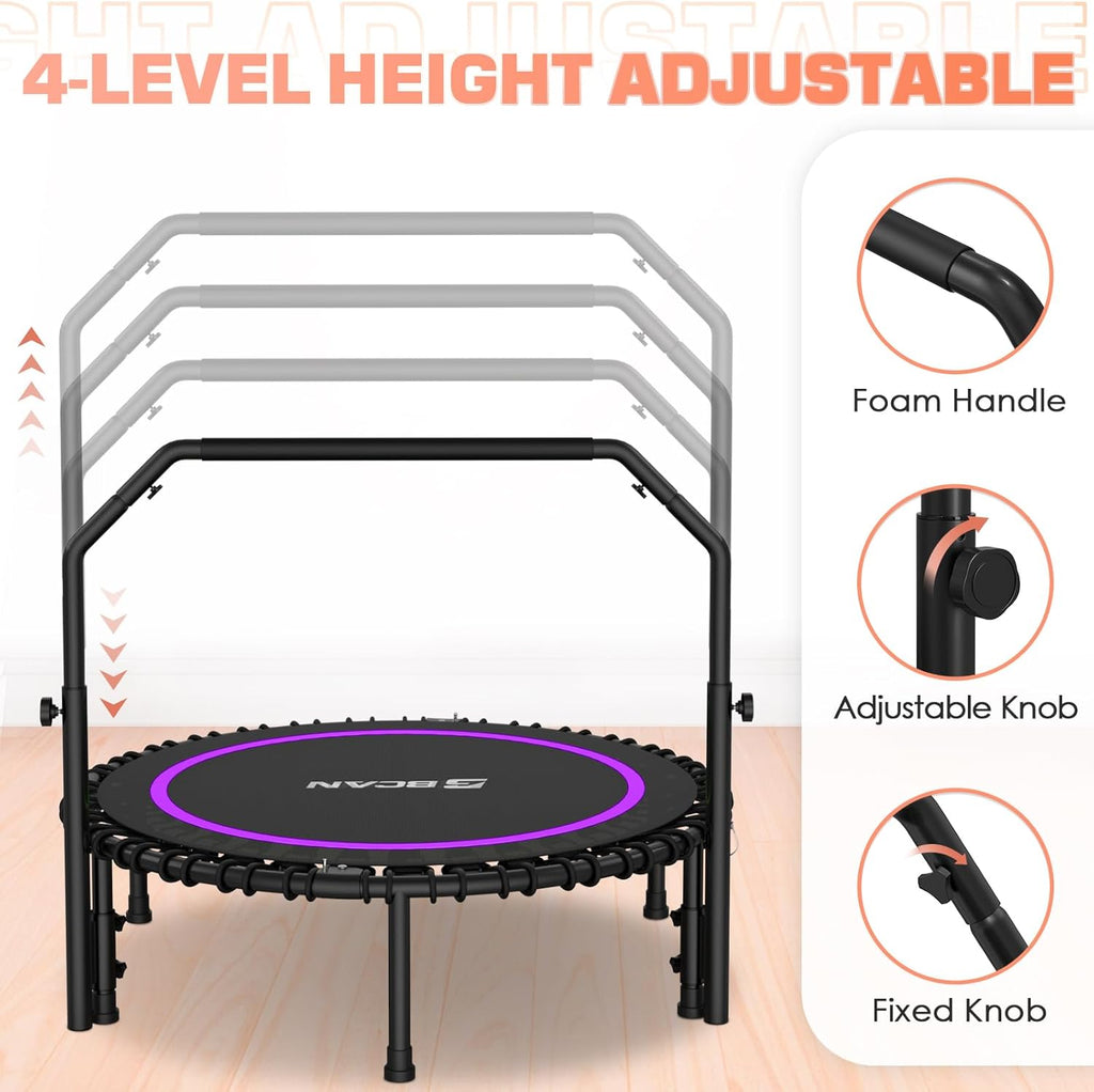 BCAN 450/550 LBS Foldable Mini Trampoline, 40"/48" Fitness Trampoline with Bungees, U Shape Adjustable Foam Handle, Stable & Quiet Exercise Rebounder for Adults Indoor/Outdoor Workout wourant