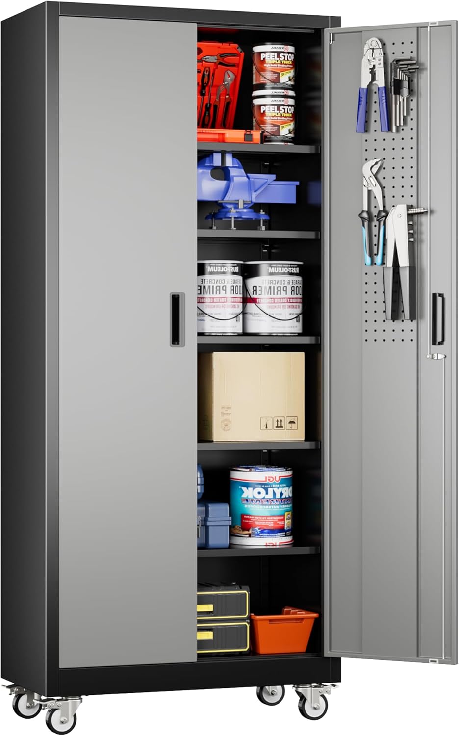 Aobabo Upgraded Garage Storage Cabinets with Wheels,Metal Storage Cabinets with 5 Adjustable Shelves for Garage Home Office Storage, Black,71''H*34''W*18''D,Assembly Required wourant