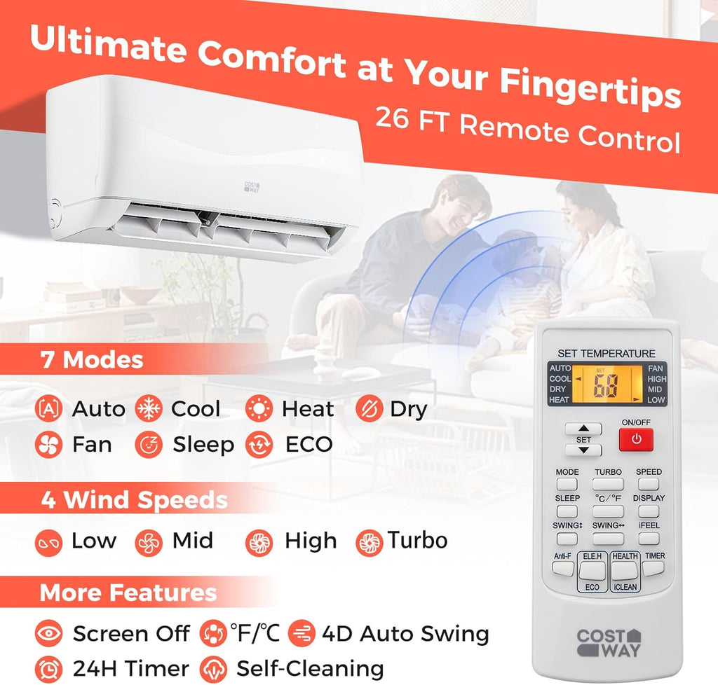 COSTWAY 12000BTU Mini Split Air Conditioner& Heater, 20 SEER2 115V Wall-Mounted Ductless AC Unit Cools Rooms up to 750 Sq. Ft, Energy Efficient Inverter AC with Heat Pump (Blast Series) wourant