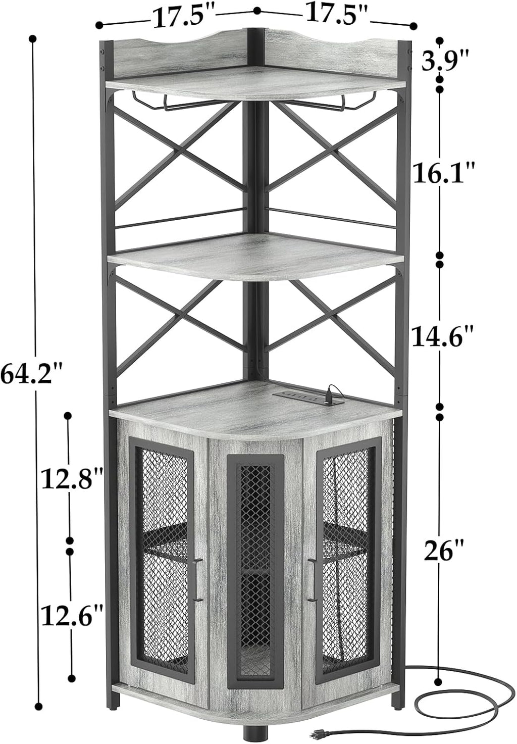 Aheaplus Corner Bar Cabinet with Power Outlet, Industrial Wine Cabinet with LED Strip and Glass Holder, 5-Tiers Liquor Cabinet Bar Unit for Home, Corner Display Cabinet for Small Space, White Oak wourant
