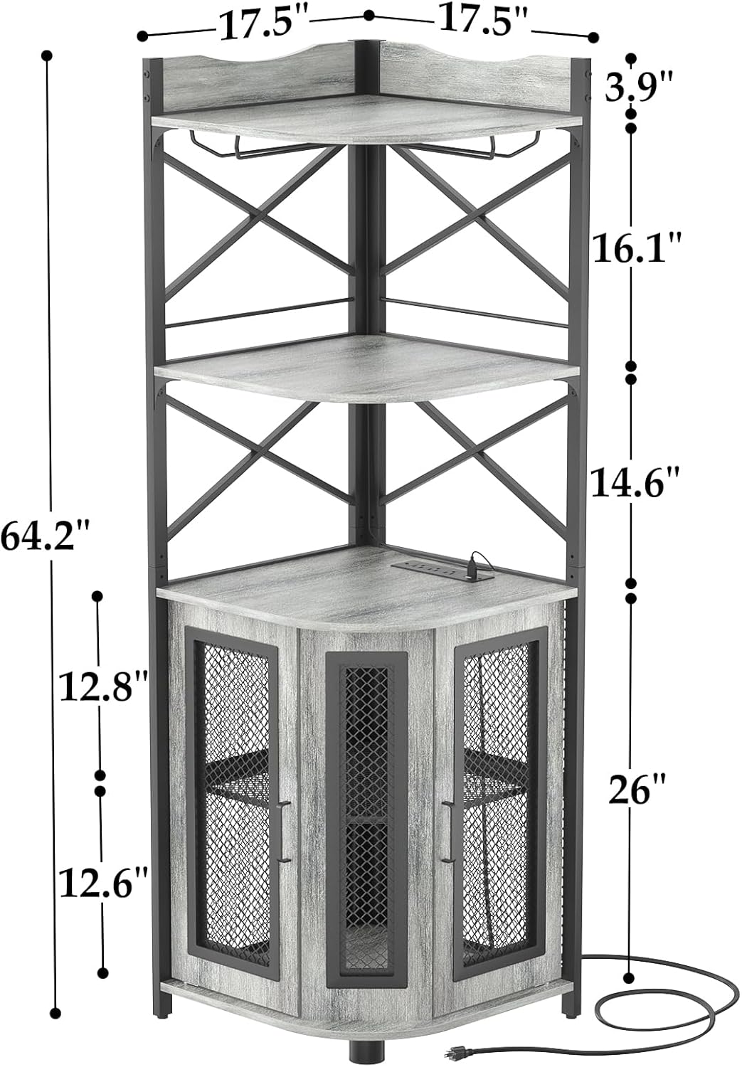 Aheaplus Corner Bar Cabinet with Power Outlet, Industrial Wine Cabinet with LED Strip and Glass Holder, 5-Tiers Liquor Cabinet Bar Unit for Home, Corner Display Cabinet for Small Space, White Oak wourant