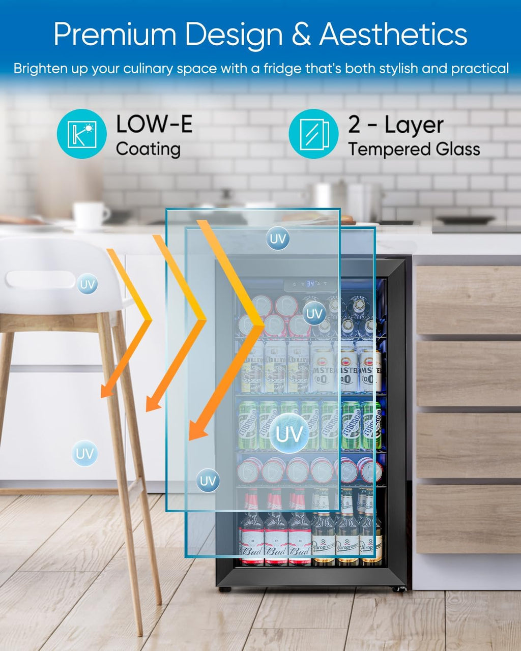 Beverage Refrigerator Cooler - 126 Can Mini Fridge Glass Door for Drinks Soda Beer Wine - Small Refrigerator for Office Bedroom Home Bar, 4 Adjustable Shelves, 3.2 Cu.Ft, Silver wourant